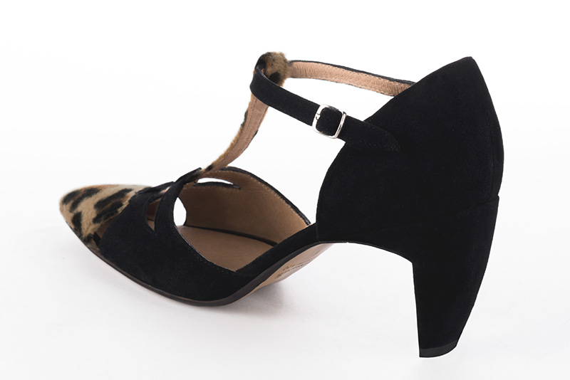 Safari black women's T-strap open side shoes. Tapered toe. High comma heels. Rear view - Florence KOOIJMAN